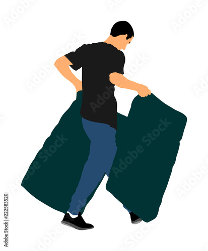 Man carrying boxes of toilet paper. Delivery man service. Distribution and procurement. Boy holding heavy package. Laborer in warehouse.  Restaurant purchase goods. 