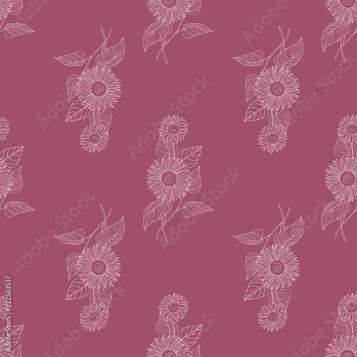Seamless floral pattern. Autumn background of sunflowers. White line drawing on dark background. Hand drawn vector.