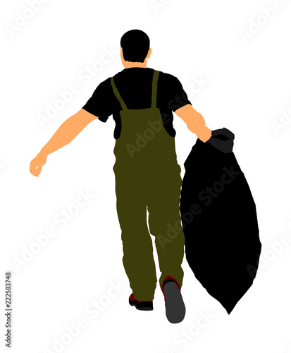 Man with bag of leaves or garbage, trash, vector illustration. A man hold a plastic bag with garbage. Backyard Garden Summer Clean Up. Laborer working outdoor. Hard worker with luggage.