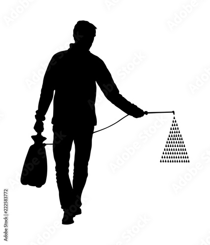 Gardener sprays pesticide vector illustration isolated. Farmer applying insecticide fertilizer to his vegetable using a sprayer.  Man watering plants or grass. Worker applying insecticide fertilizer.
