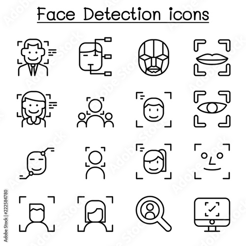 Face detection, Face recognition icon set in thin line style