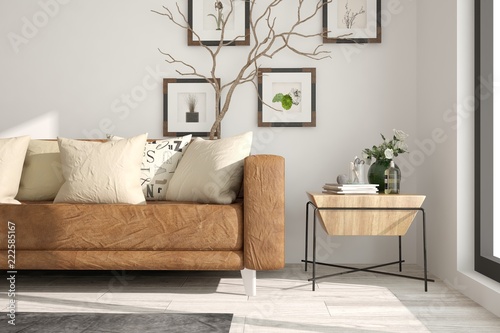 Idea of white minimalist room with leither sofa. Scandinavian interior design. 3D illustration