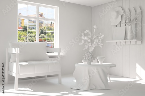 White room with armchair and green landscape in window. Scandinavian interior design. 3D illustration © AntonSh