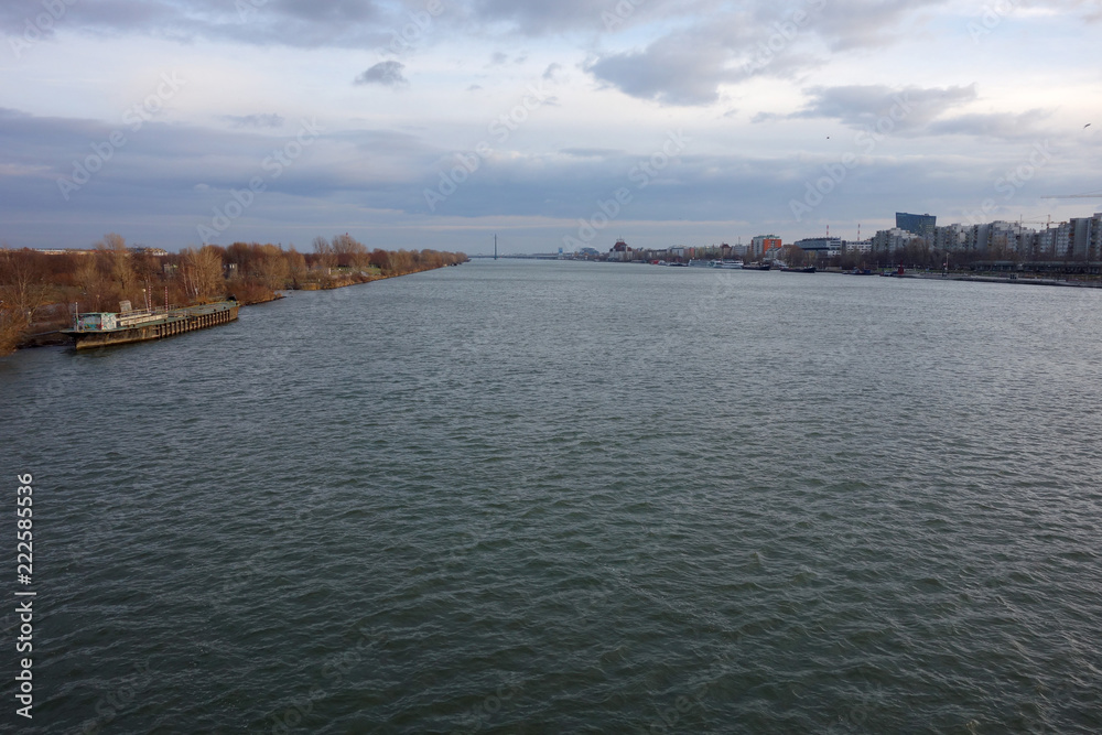 Sightseeing of the Danubio river from a bridge in Vienna