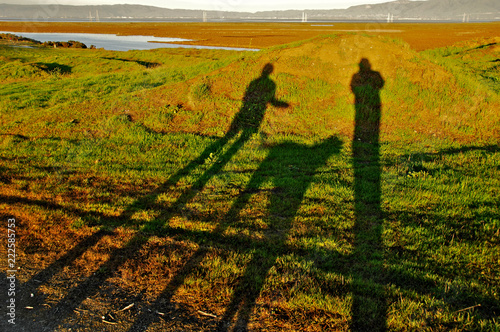 Shadow Walk. Shadows are stretched by low angle sun. Couple walk their dog  in Palo Alto Baylands, California  photo