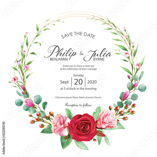 Beautiful red and pink floral, flower wedding invitation card on white background. Vector, water color. Rose, magnolia, silver dollar plant.