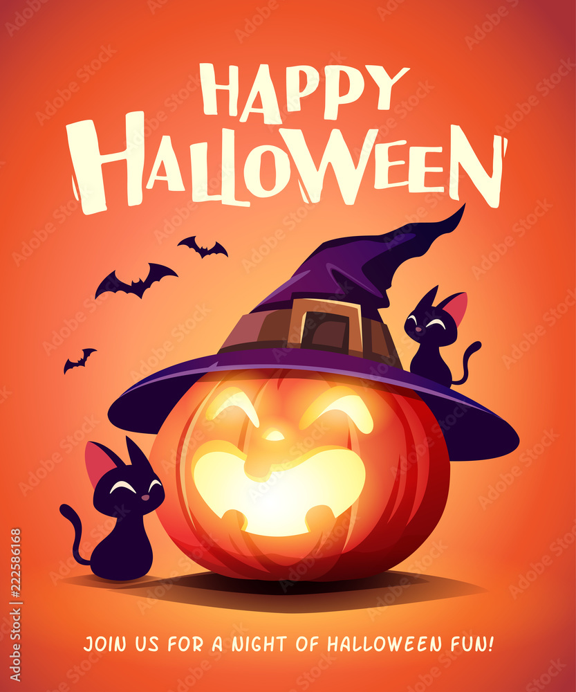 Fototapeta premium Happy Halloween. Halloween pumpkin. Black Cat and Jack O Lantern Pumpkin with witch hat.