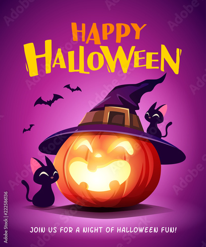 Happy Halloween. Halloween pumpkin. Black Cat and Jack O Lantern Pumpkin with witch hat.