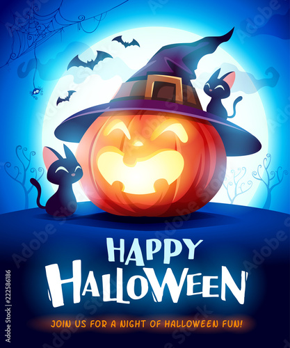 Happy Halloween. Halloween pumpkin. Jack O Lantern Pumpkin with witch hat in the moonlight. 