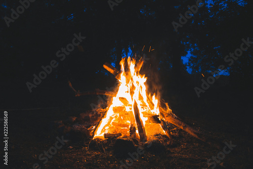 Glowing Camping Fire at Night