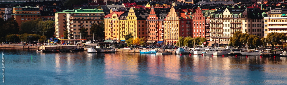 Colored facades of the houses next to the embankment in the Stockholm