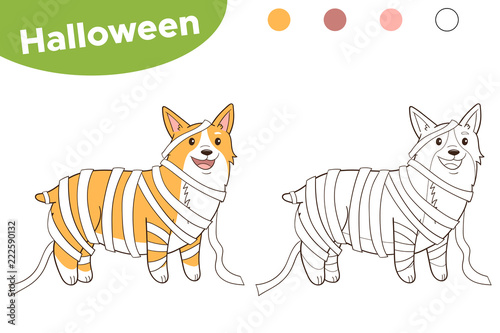 Halloween coloring page for kids. Welsh Corgi dog dressed up as a mummy. Cartoon vector illustration.