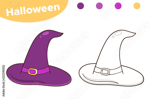 Halloween coloring page for kids. Cartoon witch magic hat. Doodle style. Vector illustration