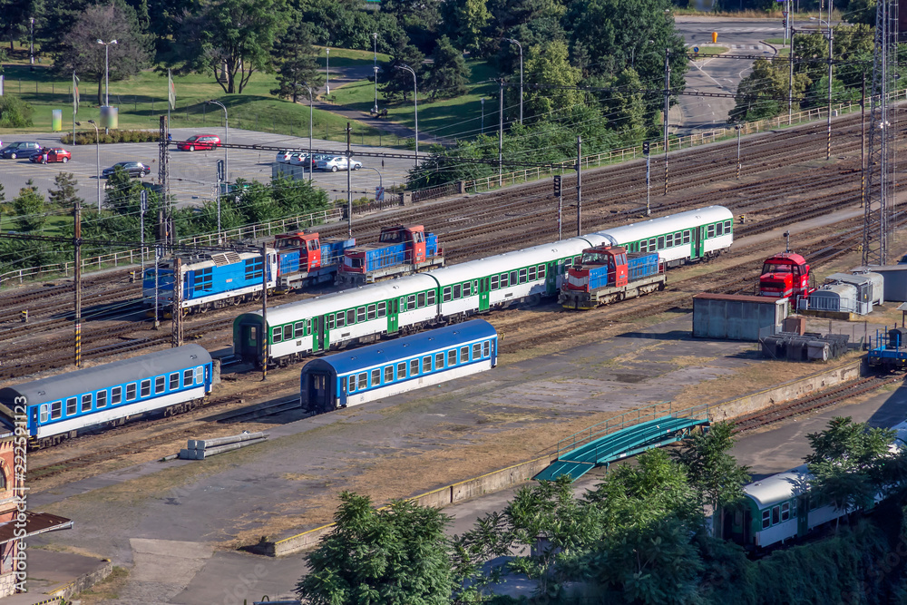 Top view of trains and locomotives on train station