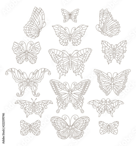Set of contour butterflies in stained-glass style, dark contours on a white background, coloring book