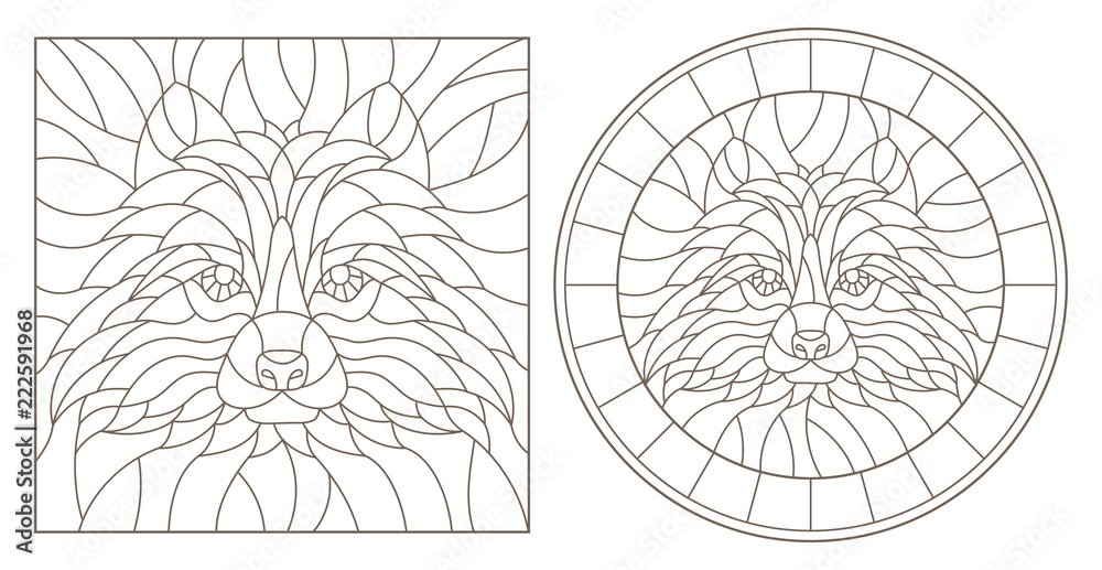 Set of contour stained glass illustrations with raccoon head, round and square image, dark outline on white background