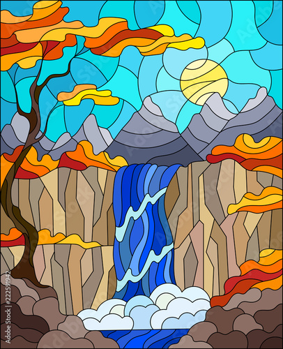 Illustration in stained glass style landscape ,the tree on the background of a waterfall, mountains, sun and sky,autumn landscape