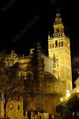 spanish cathedral bell tower at night