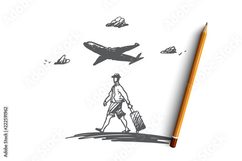 Traveler, walking, suitcase, airport concept. Hand drawn isolated vector.