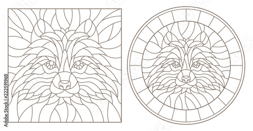 Set of contour stained glass illustrations with raccoon head, round and square image, dark outline on white background