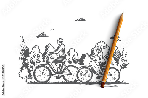 Family, bicycle, sport, happy, lifestyle concept. Hand drawn isolated vector.