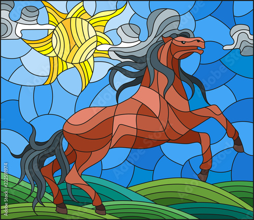 Illustration in stained glass style with wild horse on the background meadow,sun and sky