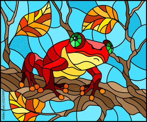 Illustration in stained glass style with bright red  frog on plant branches background with leaves  on blue background
