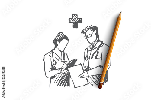 Medicine, doctors, diagnosis, hospital, health concept. Hand drawn isolated vector.