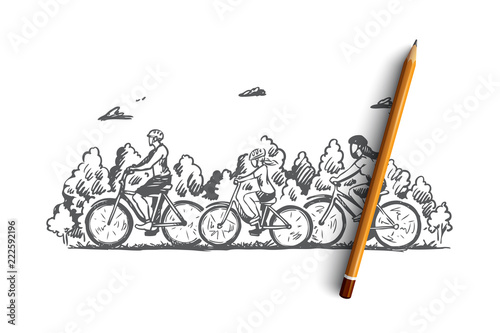Family, bicycle, sport, activity, together concept. Hand drawn isolated vector.