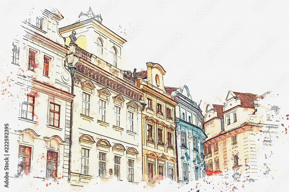 illustration or watercolor sketch. Traditional old architecture in Prague in the Czech Republic. European architecture.