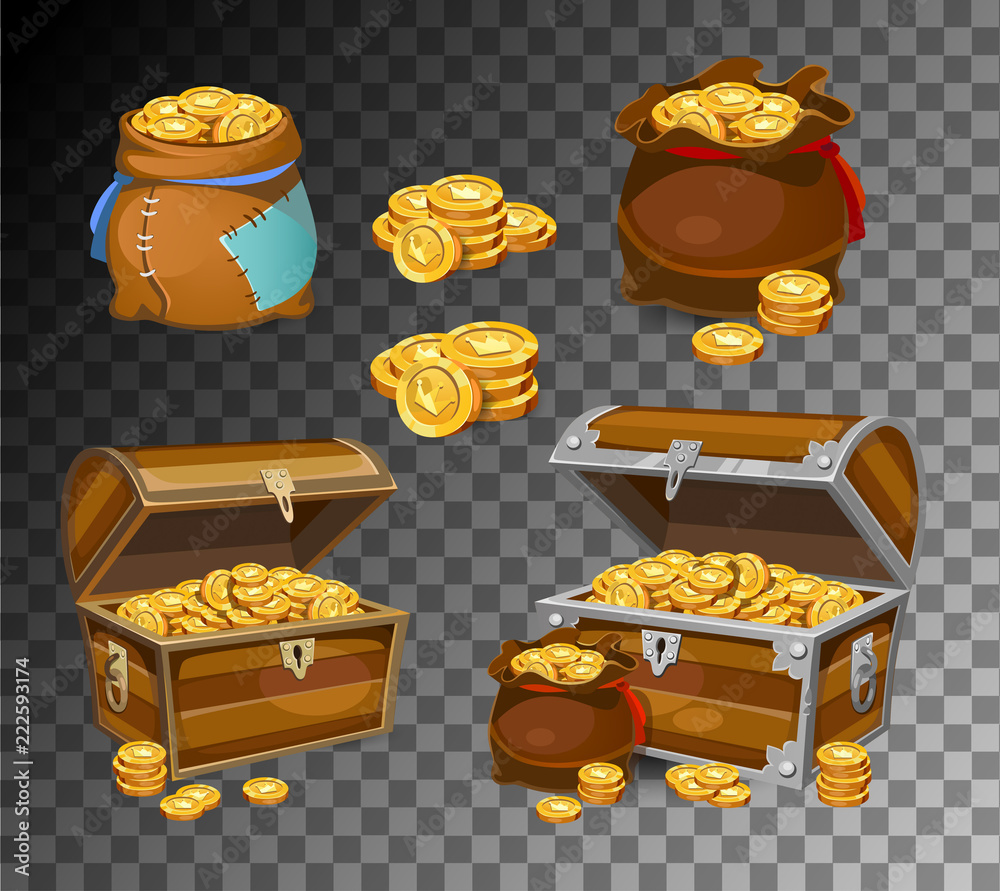 Casino and Game cartoon 3d money icons. Gold coins in moneybags and  chests..Game design money items. Gold coins on transparent background.  Векторный объект Stock | Adobe Stock