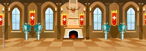Cartoon castle hall with knights, fireplace and windows in big room. Vector illustration