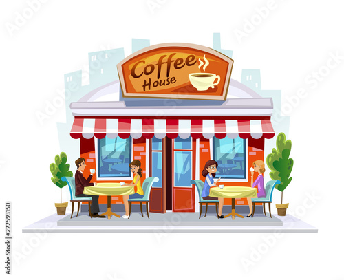 Colorful coffeeshop building. Summer Street Cafe terrace. Cartoon coffee cafe facade with people and city landscape.