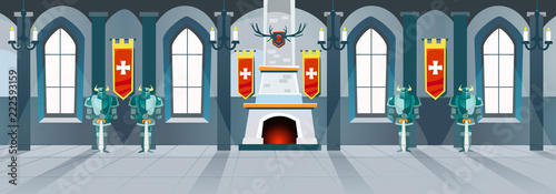 Cartoon castle hall with knights, fireplace and windows in big room. Vector illustration