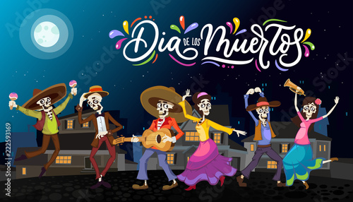 Dia de los Muertos greeting card for Day of the Dead. Greeting vector illustration with dancing skeletons and lettering with night city background