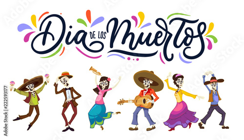 Dia de los Muertos greeting card for Day of the Dead. Greeting vector illustration with dancing skeletons and lettering.