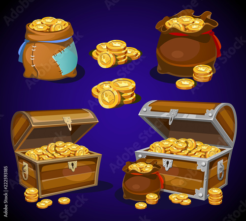 Casino and Game cartoon 3d money icons. Gold coins in moneybags and chests..Game design money items. Gold coins on blue background.