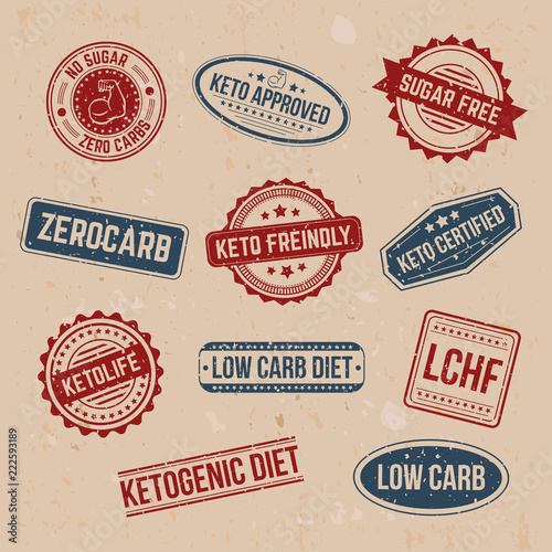 Big set of keto stamps and labels isolated on craft background with grunge effect. LCHF, Low carb, Zerocarb, Keto approved, no sugar zero carbs, sugar free, low carb diet, ketogenic diet stamps. photo