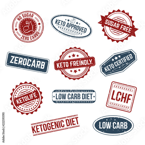 Big set of keto stamps and labels isolated white craft background with grunge effect. LCHF, Low carb, Zerocarb, Keto approved, no sugar zero carbs, sugar free, low carb diet, ketogenic diet stamps. photo