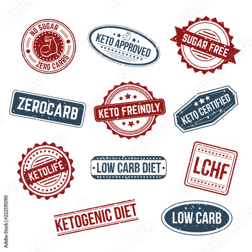 Big set of keto stamps and labels isolated white craft background with grunge effect. LCHF, Low carb, Zerocarb, Keto approved, no sugar zero carbs, sugar free, low carb diet, ketogenic diet stamps.