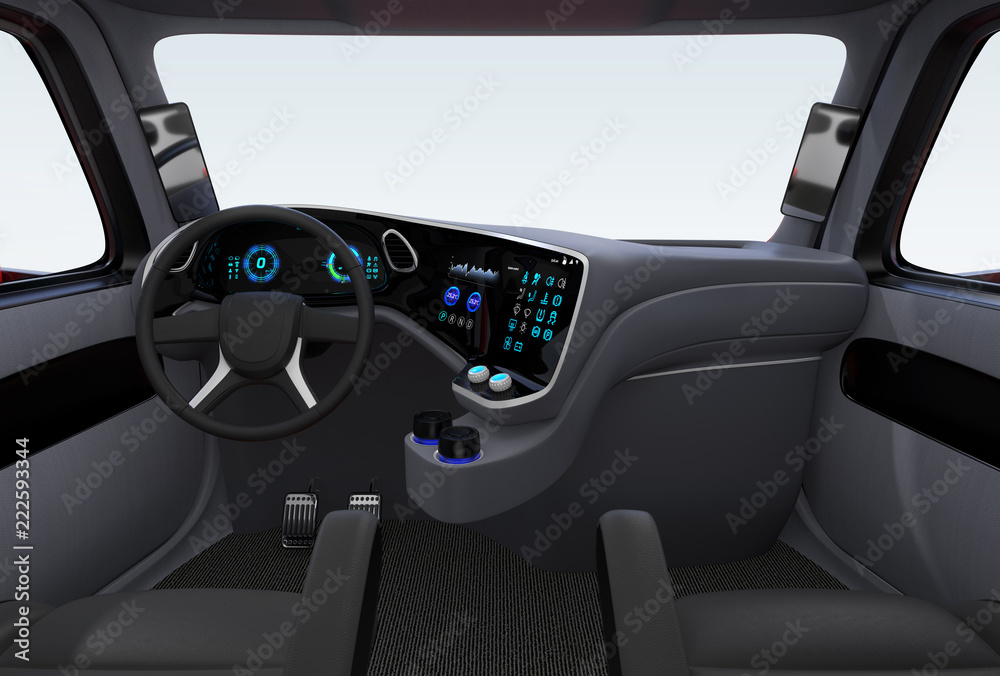 Autonomous truck interior with black seats and touch screen instrument panel. 3D rendering image.