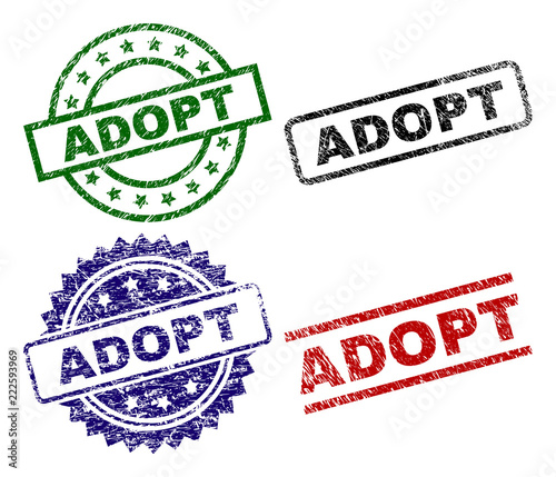 ADOPT seal prints with damaged surface. Black, green,red,blue vector rubber prints of ADOPT label with unclean surface. Rubber seals with round, rectangle, rosette shapes.
