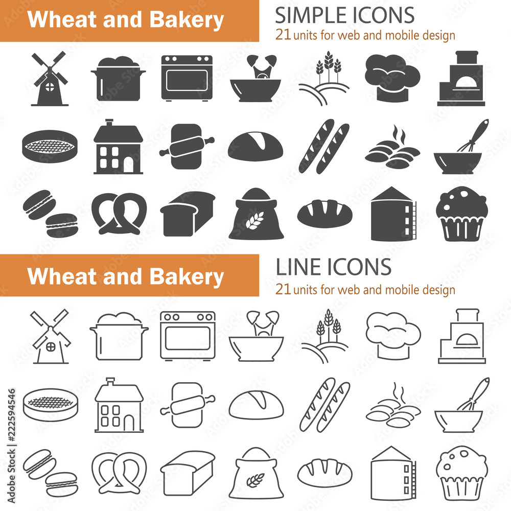 Wheat and bakery line and simple icons set Wheat and bakery line and simple icons set