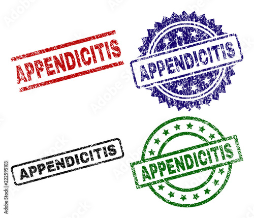 APPENDICITIS seal prints with corroded style. Black, green,red,blue vector rubber prints of APPENDICITIS title with scratched surface. Rubber seals with circle, rectangle, medal shapes.