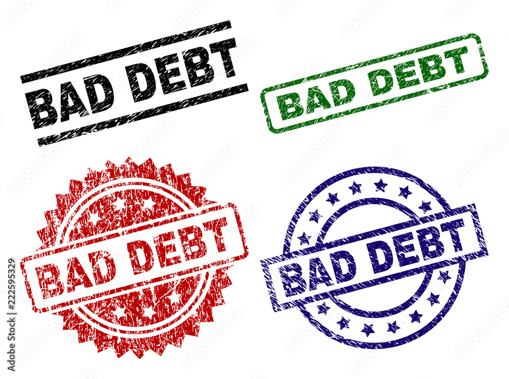 BAD DEBT seal prints with distress surface. Black, green,red,blue vector rubber prints of BAD DEBT title with scratched surface. Rubber seals with round, rectangle, rosette shapes. BAD DEBT seal prints with distress surface. Black, green,red,blue vector rubber prints of BAD DEBT title with scratched surface. Rubber seals with round, rectangle, rosette shapes.