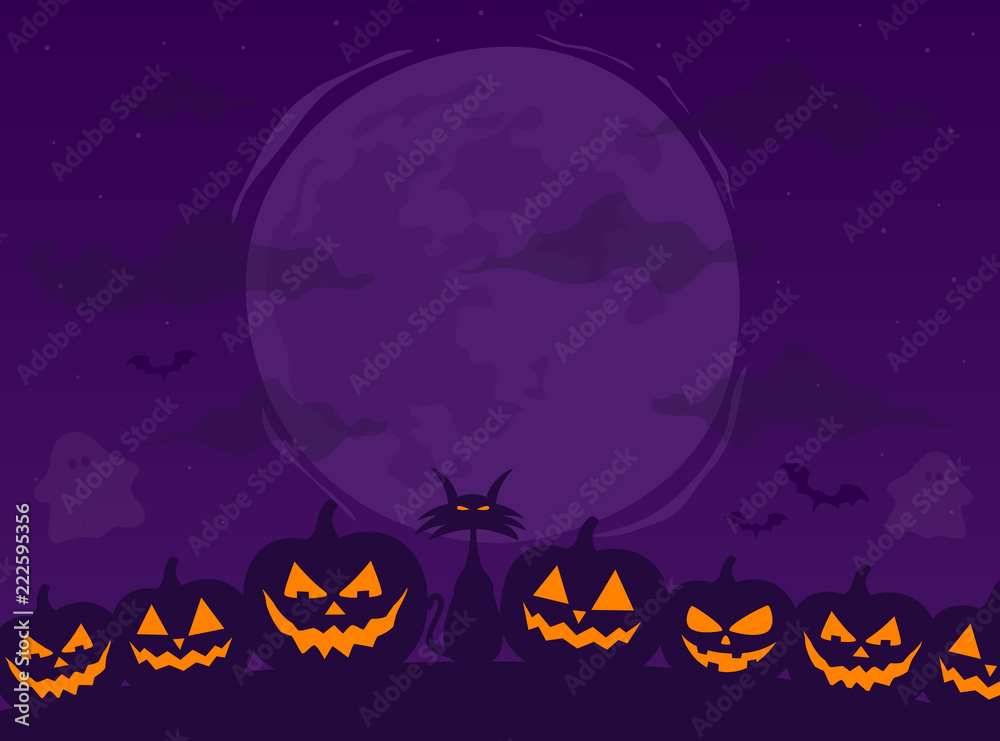 Happy Halloween. Scary background with moon, pumpkins. Vector illustration.