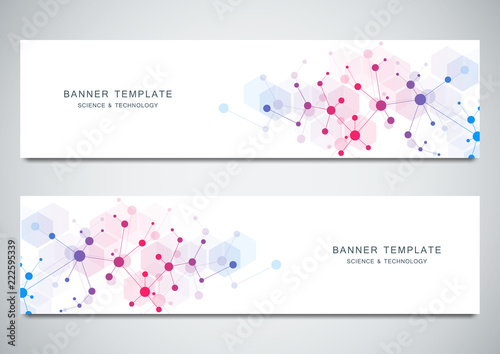 Vector banners design for medicine, science and digital technology. Molecular structure background and communication with connected lines and dots.