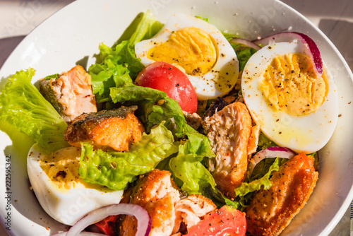 Paleo diet salad with salmon, tomatoes, eggs, onions and lettuce, close-up