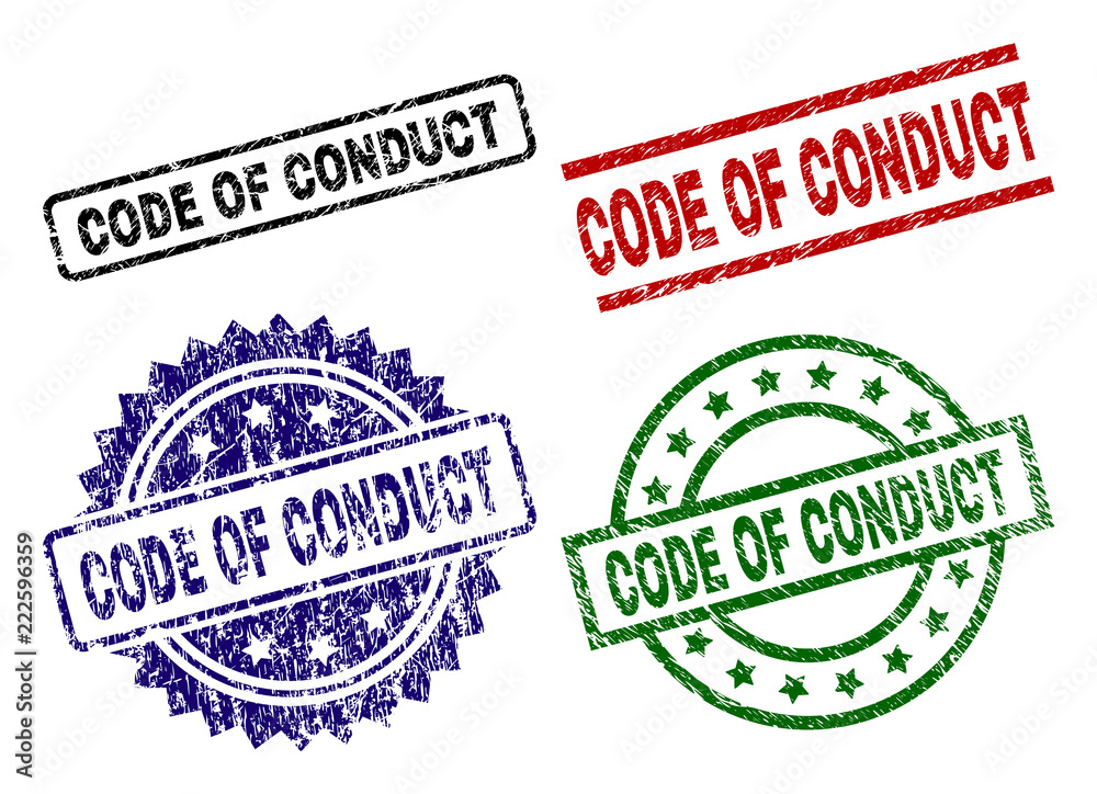 CODE OF CONDUCT seal prints with corroded style. Black, green,red,blue vector rubber prints of CODE OF CONDUCT title with corroded style. Rubber seals with circle, rectangle, medal shapes. CODE OF CONDUCT seal prints with corroded style. Black, green,red,blue vector rubber prints of CODE OF CONDUCT title with corroded style. Rubber seals with circle, rectangle, medal shapes.