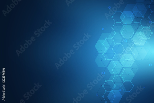 Abstract molecular structure and chemical elements. Medical, science and digital technology concept. Vector geometric background from hexagons.